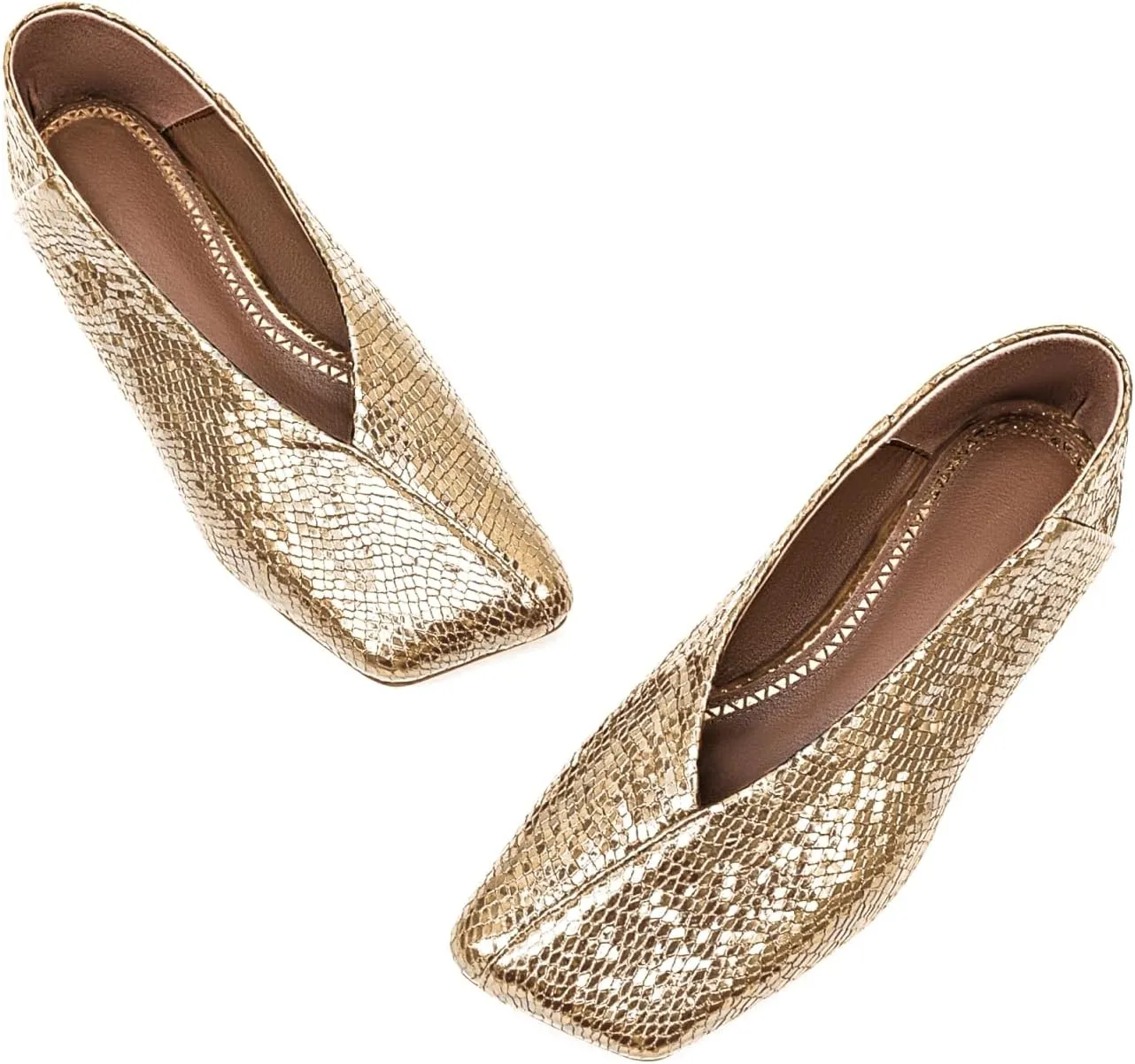 Fandimeier Women's Square Toe Ballet Flats Shoes Snakeskin Dressy Comfortable Slip-on Metallic Leather Ballerina Flats