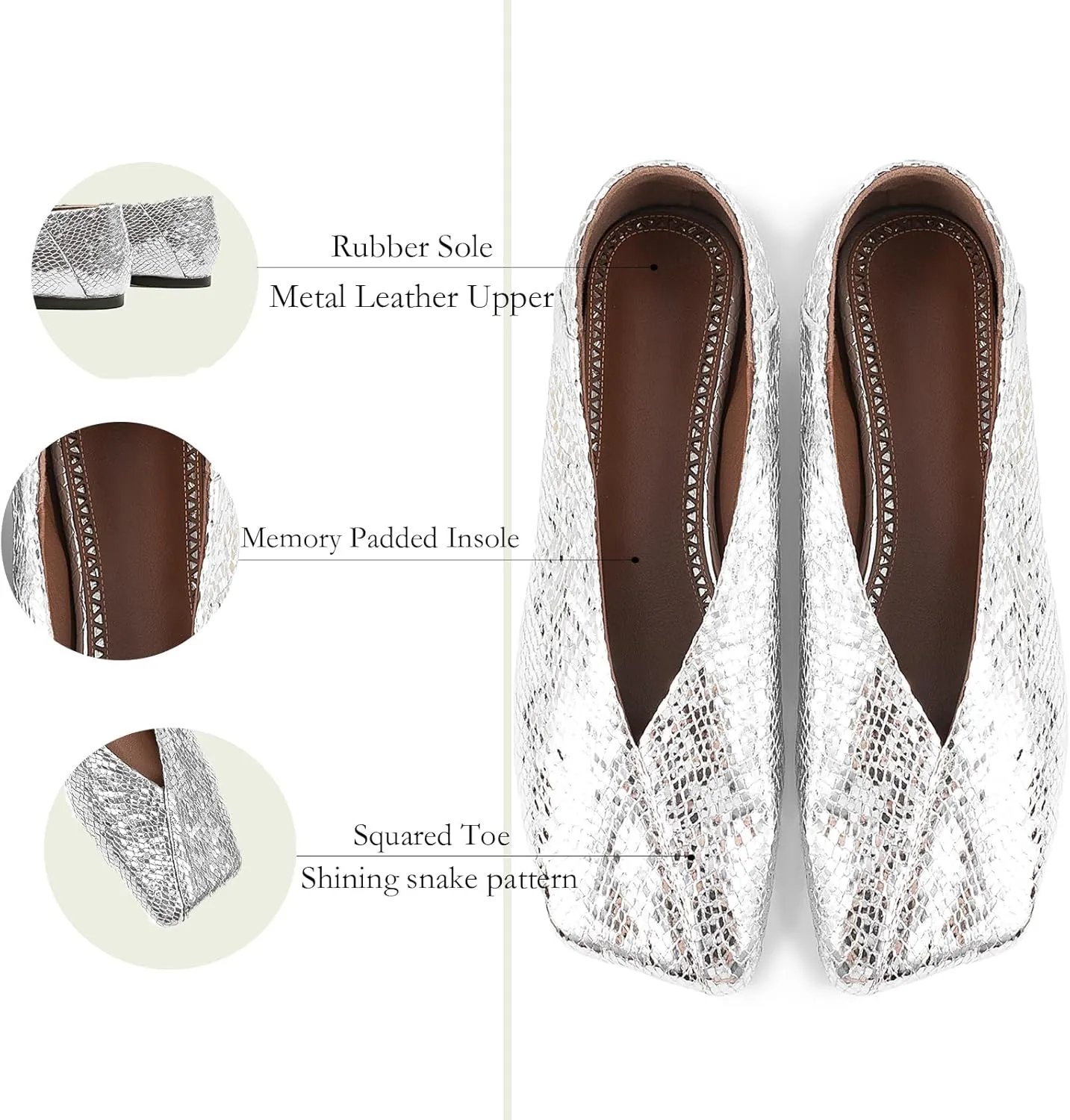 Fandimeier Women's Square Toe Ballet Flats Shoes Snakeskin Dressy Comfortable Slip-on Metallic Leather Ballerina Flats