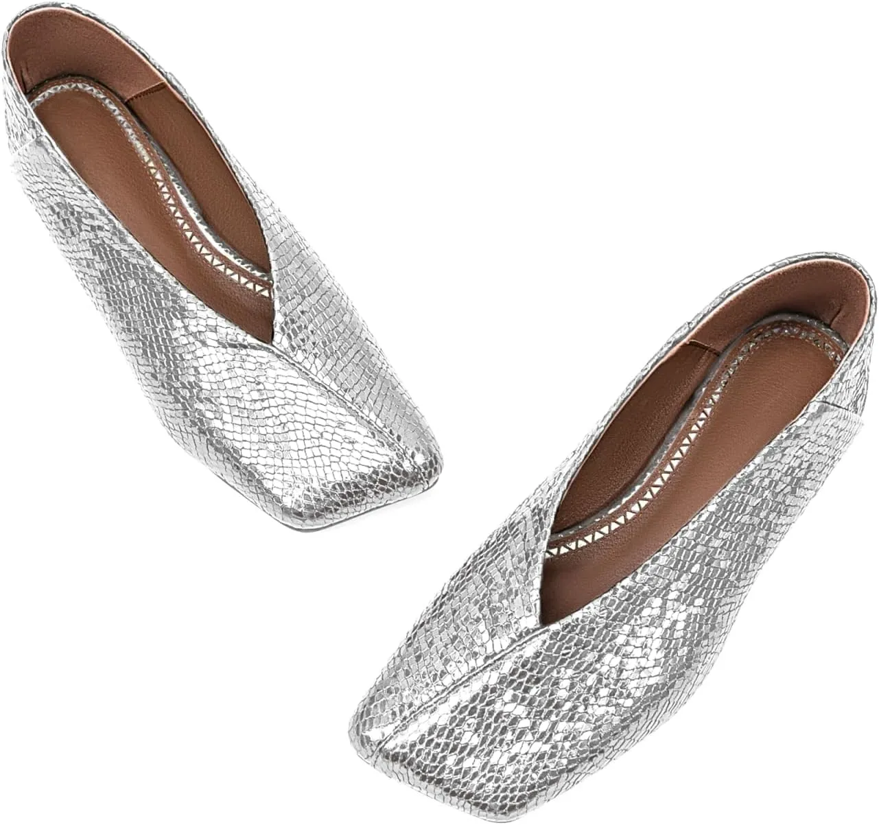 Fandimeier Women's Square Toe Ballet Flats Shoes Snakeskin Dressy Comfortable Slip-on Metallic Leather Ballerina Flats