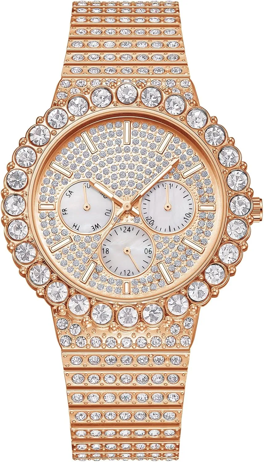 FANMIS Luxury Men Crystal Rhinestone Full Diamond Watches Bling Iced-Out Watch Stainless Steel Waterproof Quartz Wristwatch for Men Bling Hip Hop