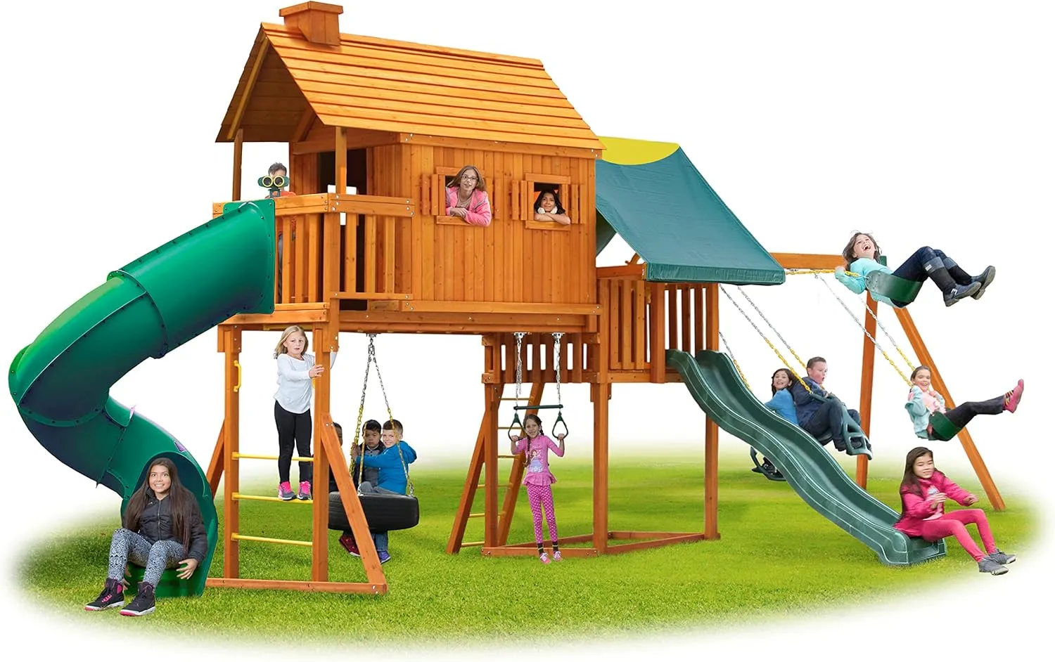 Fantasy Tree House Solid Cedar Wood Swing Set | Jungle Gym with Built-in Tree House, Clubhouse, Wave Slide, Spiral Slide and Accessories | Easy Assembly, Pre-Assembled Components | Kids Playhouse #2