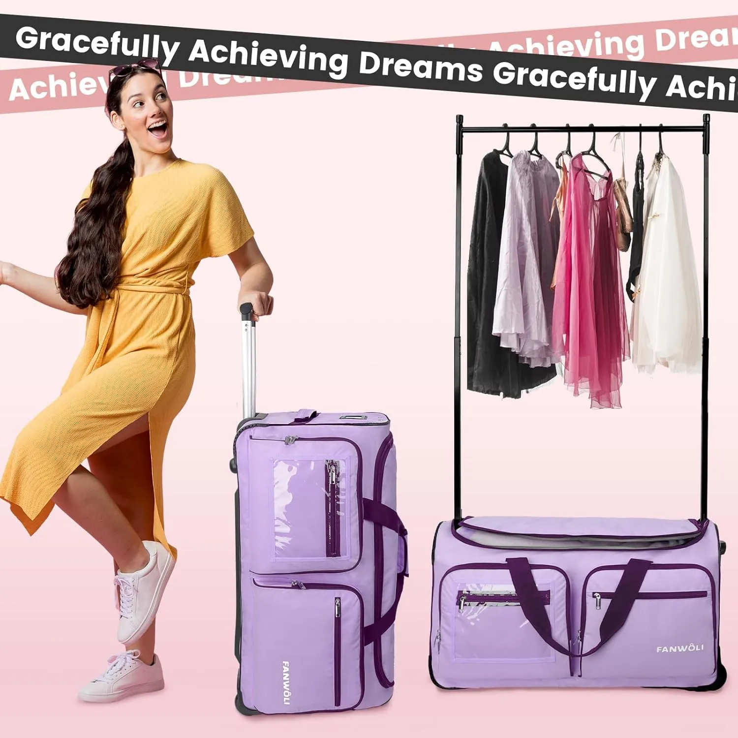 Fanwoli 28" Dance Bag with Garment Rack | Ultra-Light Collection| More Lightweight & Wear-Resistant| Ideal Competition Duffle Bag for Dancers Livestreamer Athletes