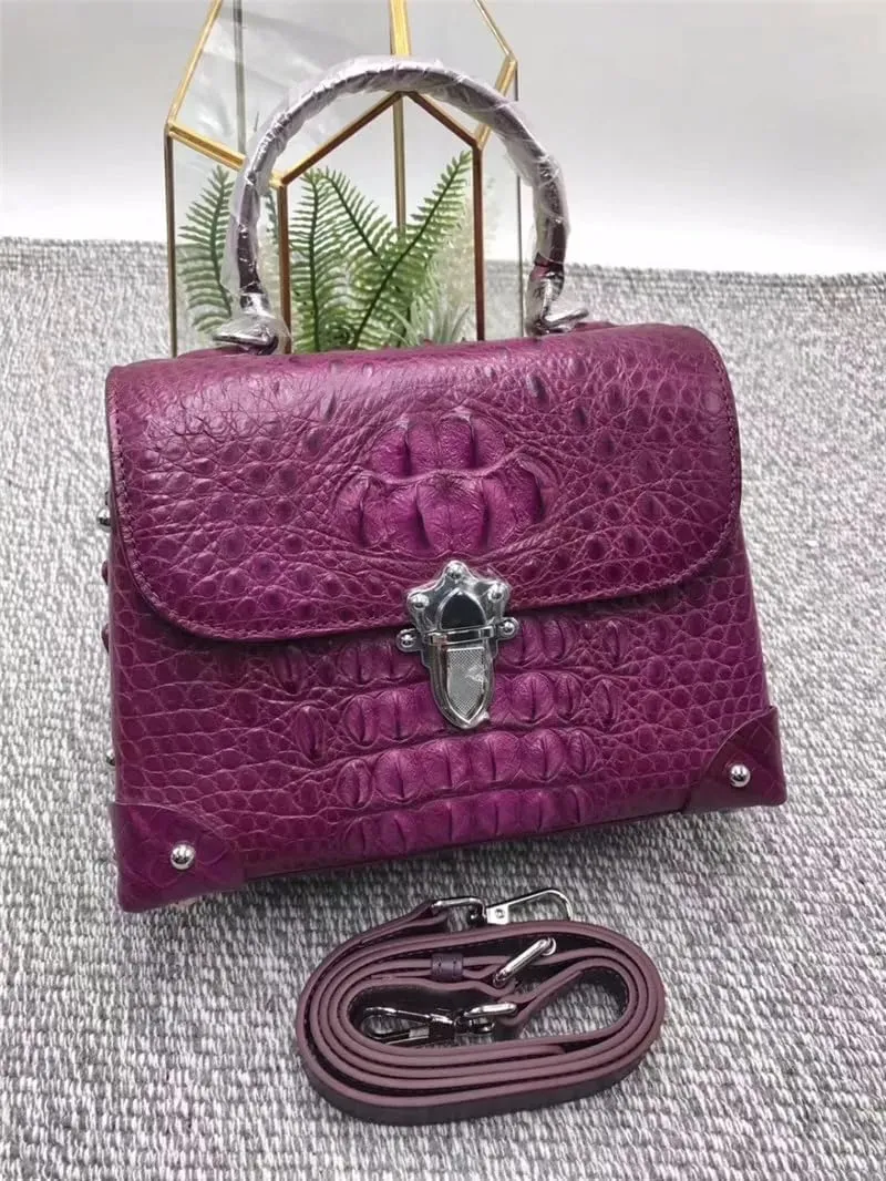 Fashion CHIC Designer Genuine Crocodile Leather Women's Small Plum Purse Real Alligator Skin Ladies Female Studs Handbag