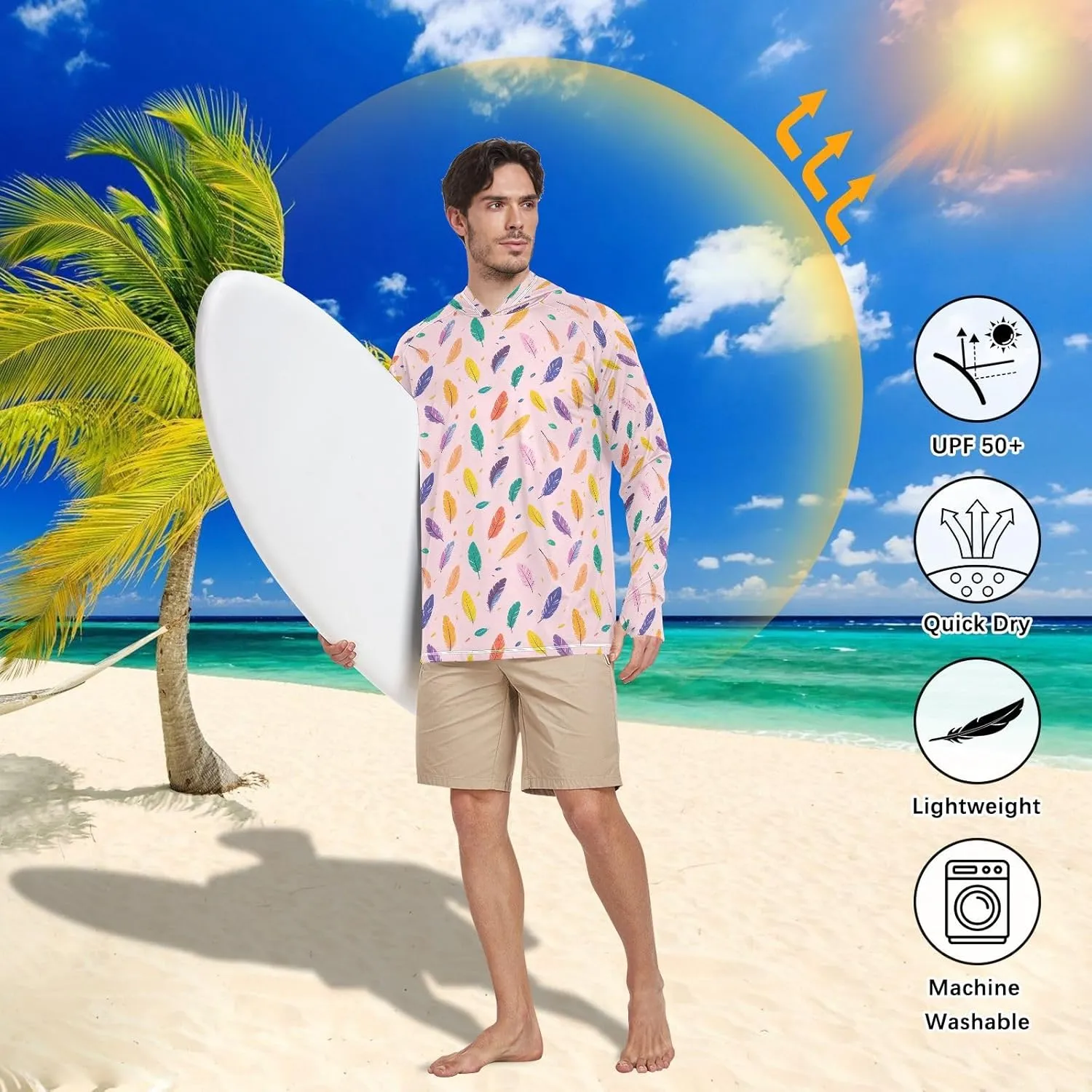 Feathers ColorfulMen Sun Protection Hoodies Long Sleeve UPF 50 Mens Sun Shirt