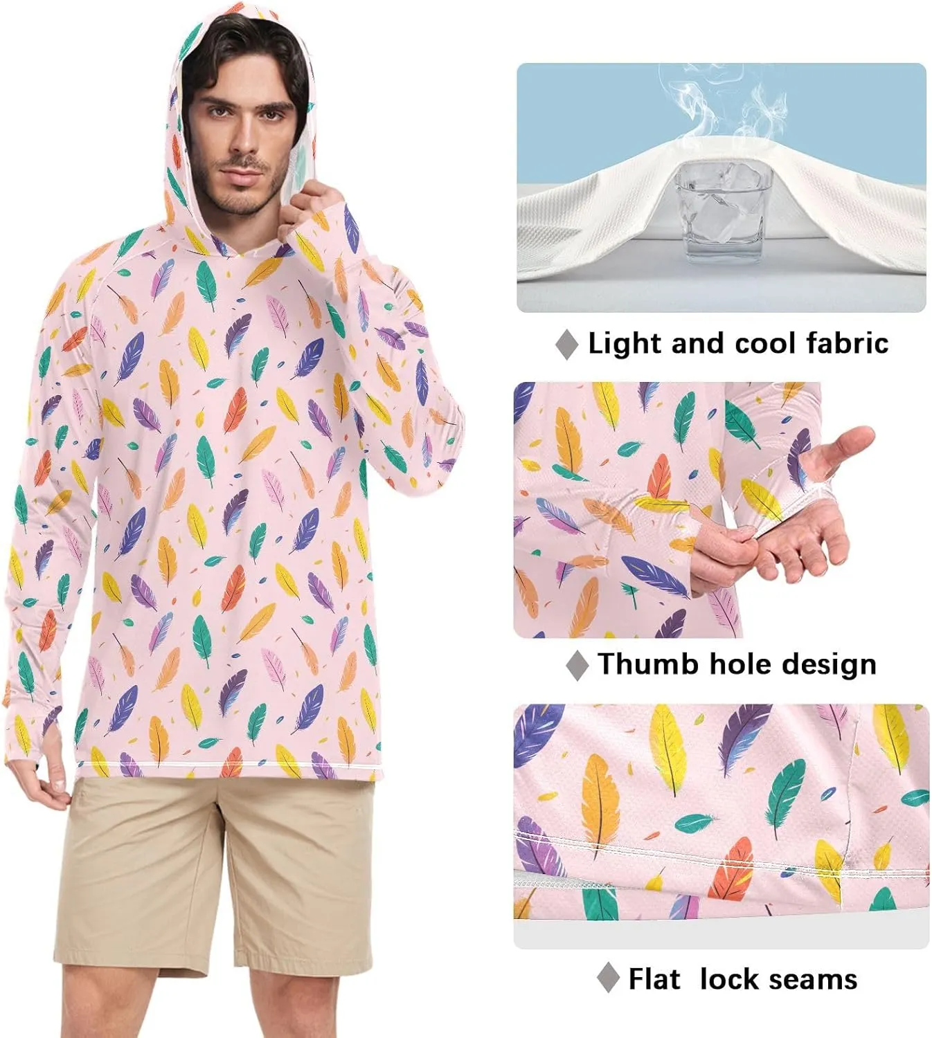 Feathers ColorfulMen Sun Protection Hoodies Long Sleeve UPF 50 Mens Sun Shirt
