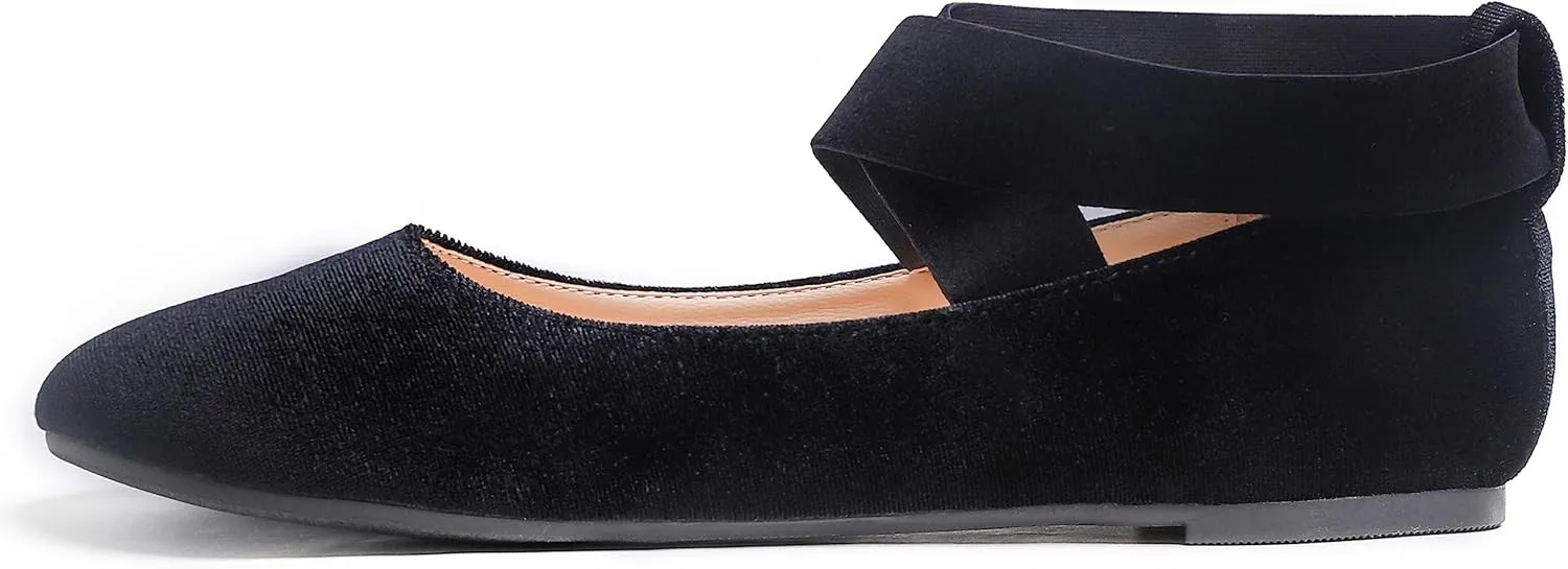 FEVERSOLE Women's Fashion Elastic Ankle Strap Shoes Round Toe Ballet Flat