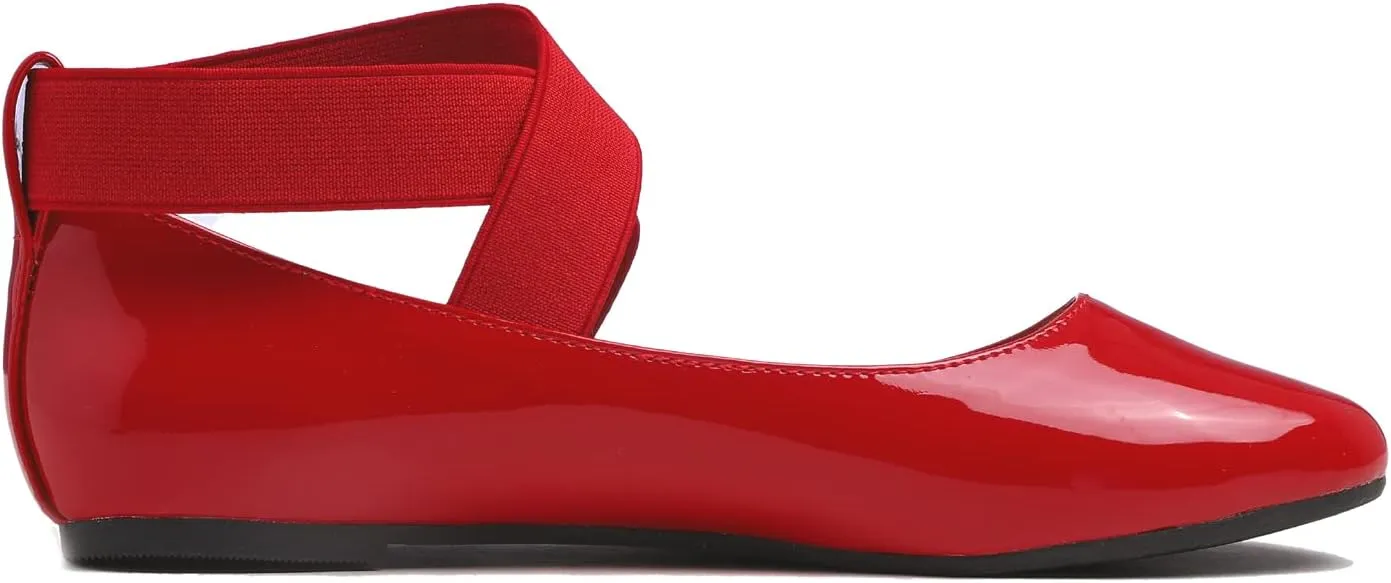 FEVERSOLE Women's Fashion Elastic Ankle Strap Shoes Round Toe Ballet Flat