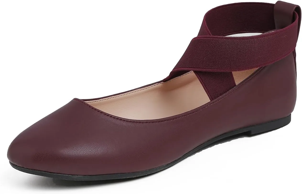 FEVERSOLE Women's Fashion Elastic Ankle Strap Shoes Round Toe Ballet Flat
