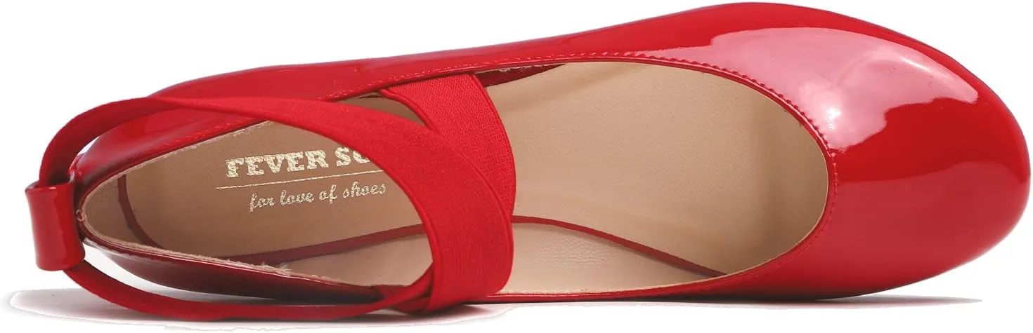 FEVERSOLE Women's Fashion Elastic Ankle Strap Shoes Round Toe Ballet Flat