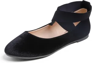 FEVERSOLE Women's Fashion Elastic Ankle Strap Shoes Round Toe Ballet Flat