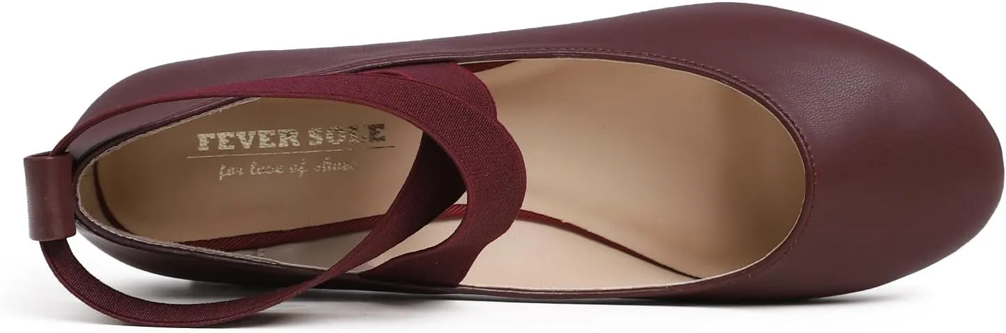 FEVERSOLE Women's Fashion Elastic Ankle Strap Shoes Round Toe Ballet Flat