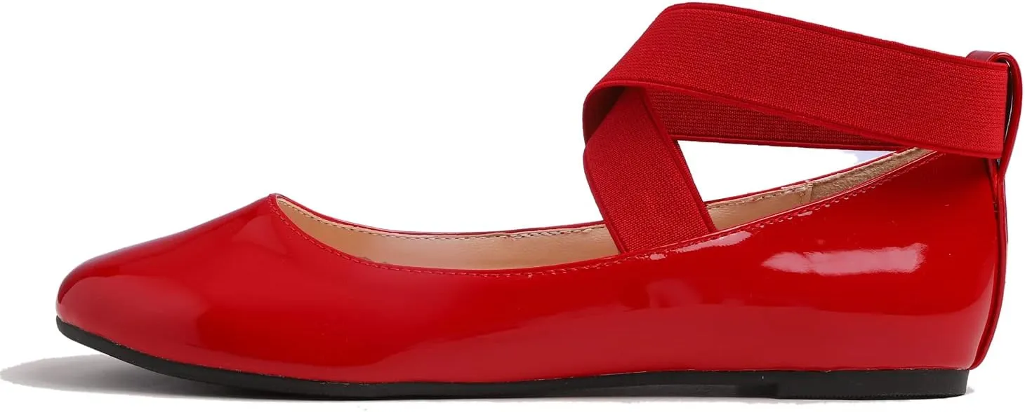FEVERSOLE Women's Fashion Elastic Ankle Strap Shoes Round Toe Ballet Flat