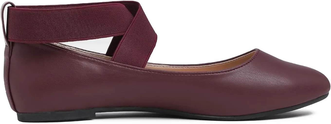 FEVERSOLE Women's Fashion Elastic Ankle Strap Shoes Round Toe Ballet Flat