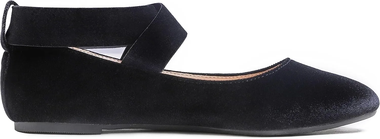 FEVERSOLE Women's Fashion Elastic Ankle Strap Shoes Round Toe Ballet Flat