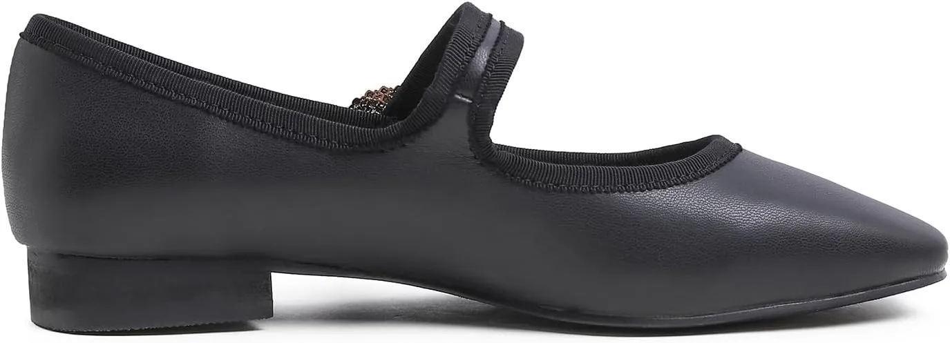 FEVERSOLE Women's Mary Jane Fashion Square Toe Easy Buckle Low Heel Slip On Flats