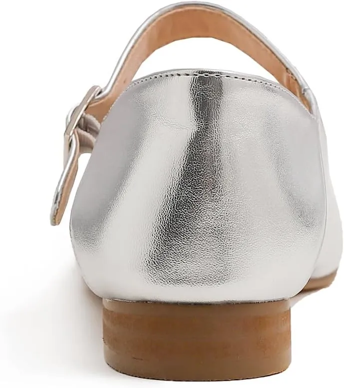 FEVERSOLE Women's Mary Jane Fashion Square Toe Easy Buckle Low Heel Slip On Flats