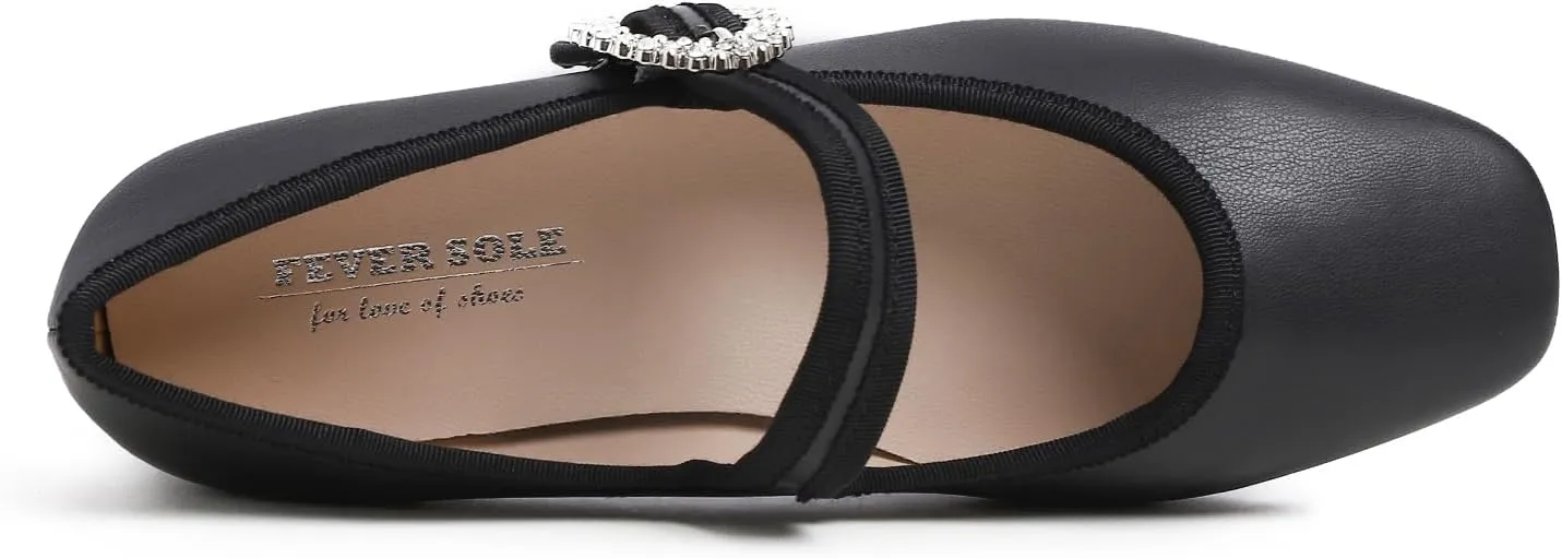 FEVERSOLE Women's Mary Jane Fashion Square Toe Easy Buckle Low Heel Slip On Flats