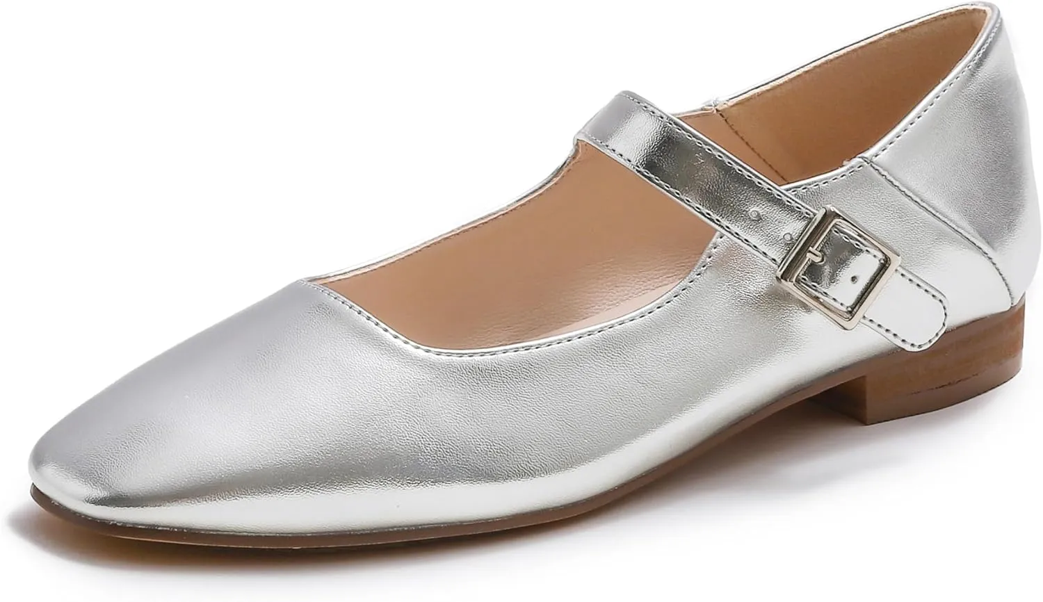 FEVERSOLE Women's Mary Jane Fashion Square Toe Easy Buckle Low Heel Slip On Flats