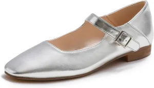 FEVERSOLE Women's Mary Jane Fashion Square Toe Easy Buckle Low Heel Slip On Flats