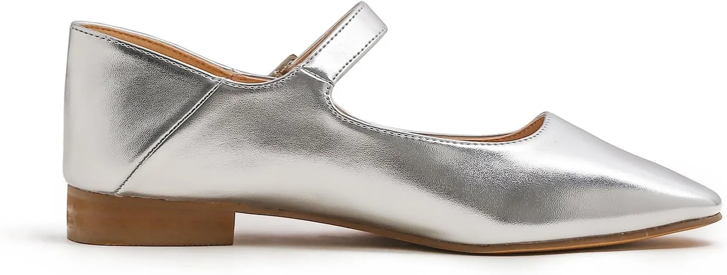 FEVERSOLE Women's Mary Jane Fashion Square Toe Easy Buckle Low Heel Slip On Flats