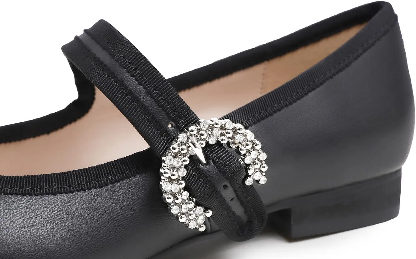 FEVERSOLE Women's Mary Jane Fashion Square Toe Easy Buckle Low Heel Slip On Flats