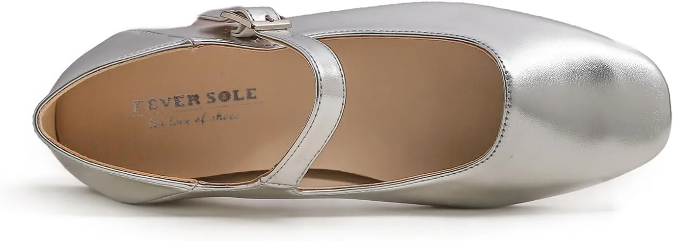 FEVERSOLE Women's Mary Jane Fashion Square Toe Easy Buckle Low Heel Slip On Flats