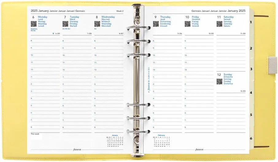 Filofax Domino Soft Organizer, A5 Size, Lemon - Smooth, Leather-Look, Grain Effect, Tactile, Six Rings, Week-to-View Calendar Diary, Multilingual, 2025 (C022606-25)