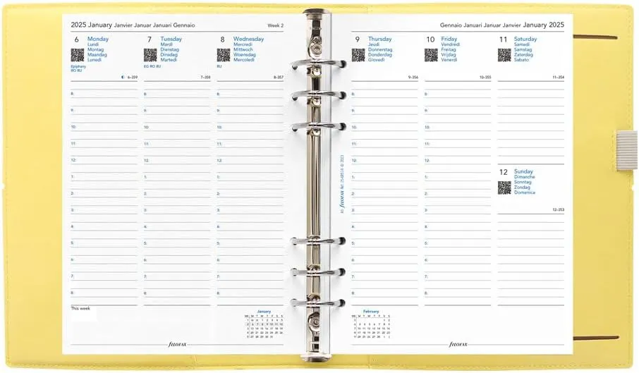 Filofax Domino Soft Organizer, A5 Size, Lemon - Smooth, Leather-Look, Grain Effect, Tactile, Six Rings, Week-to-View Calendar Diary, Multilingual, 2025 (C022606-25)