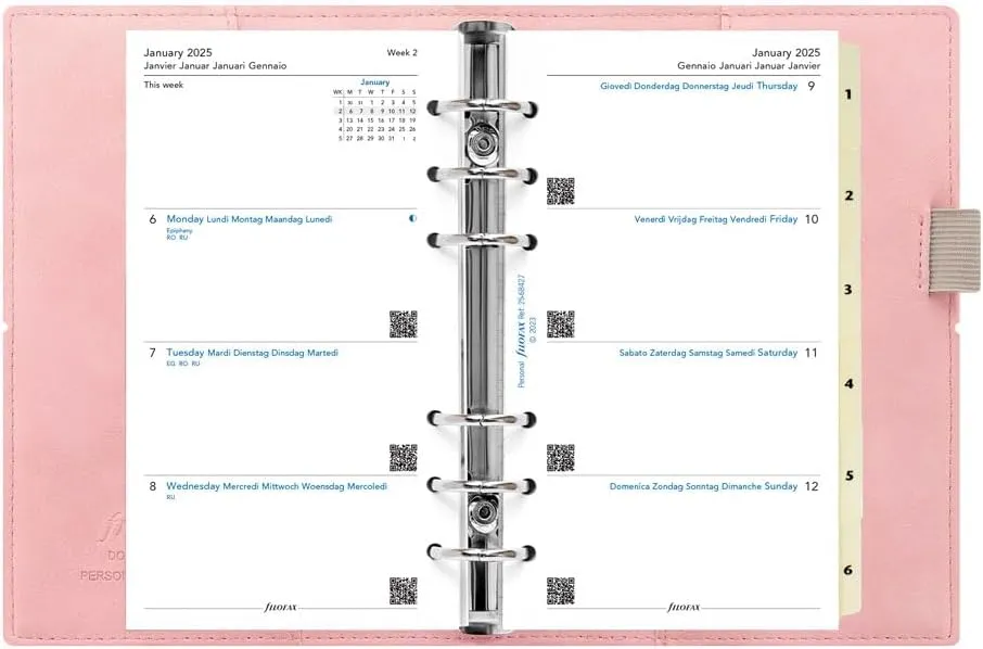 Filofax Domino Soft Organizer, Personal Size, Pale Pink - Smooth, Leather-Look, Grain Effect, Tactile, Six Rings, Week-to-View Calendar Diary, Multilingual, 2025 (C022577-25)