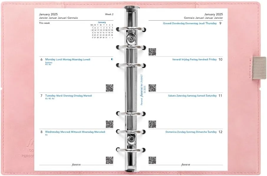 Filofax Domino Soft Organizer, Personal Size, Pale Pink - Smooth, Leather-Look, Grain Effect, Tactile, Six Rings, Week-to-View Calendar Diary, Multilingual, 2025 (C022577-25)
