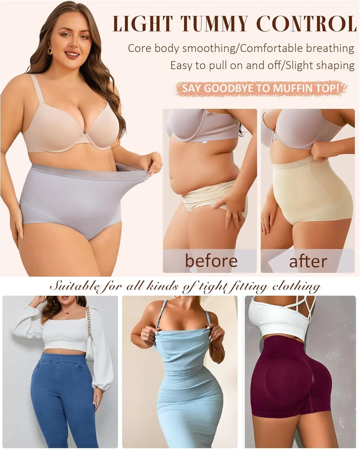 FINETOO Light Tummy Control Shaping Briefs High Waist Womens Underwear Lace Waist Core Smooth Ladies Panties S-3XL