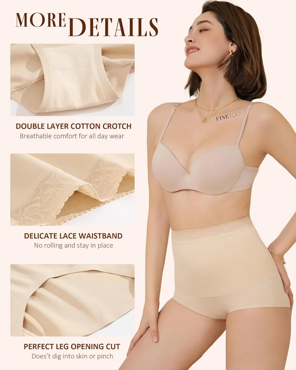 FINETOO Light Tummy Control Shaping Briefs High Waist Womens Underwear Lace Waist Core Smooth Ladies Panties S-3XL