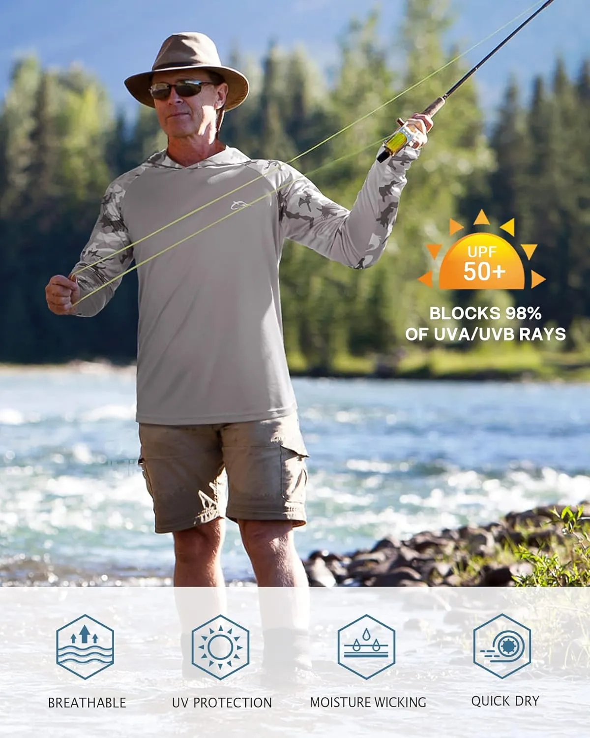 FISHEAL Men's Performance Fishing Hoodie Shirt with Thumbholes - UPF 50 Sun Protection Camo Long Sleeve Shirts Quick-Dry