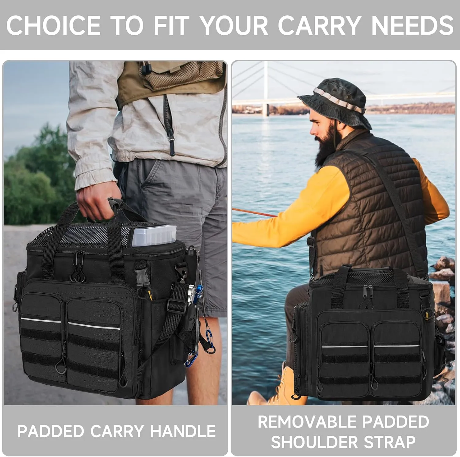 Fishing Tackle Bags, Portable Water-Resistant Fishing Tool Storage Bag with Padded Shoulder Strap and Non-Slip Base for Saltwater or Freshwater Fishing (TRAY NOT INCLUDE)