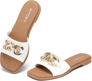FITORY Women's Flat Sandals Fashion Slides With Soft Leather Slippers for Summer Size 6-11