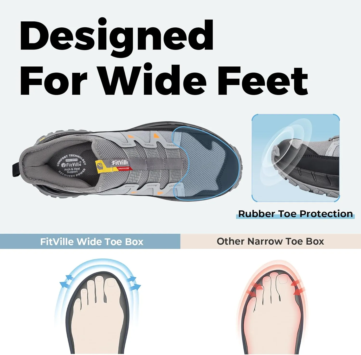 FitVille Men's Extra Wide Sneakers, Grey, Slip-On, Soft Comfortable, Arch Support, Wide Toe Box, Slip Resistant, Hiking, Walking, Running Shoes