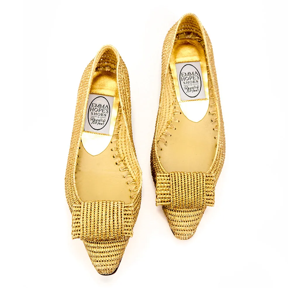 Flat Bow Raffia Pointy ballet-Gold
