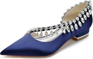 Flat Wedding Shoes for Bride Pointed Toe Satin Mary Jane Rhinestone Ballet Flats Bridal Prom Bridesmaid Slip on Pumps