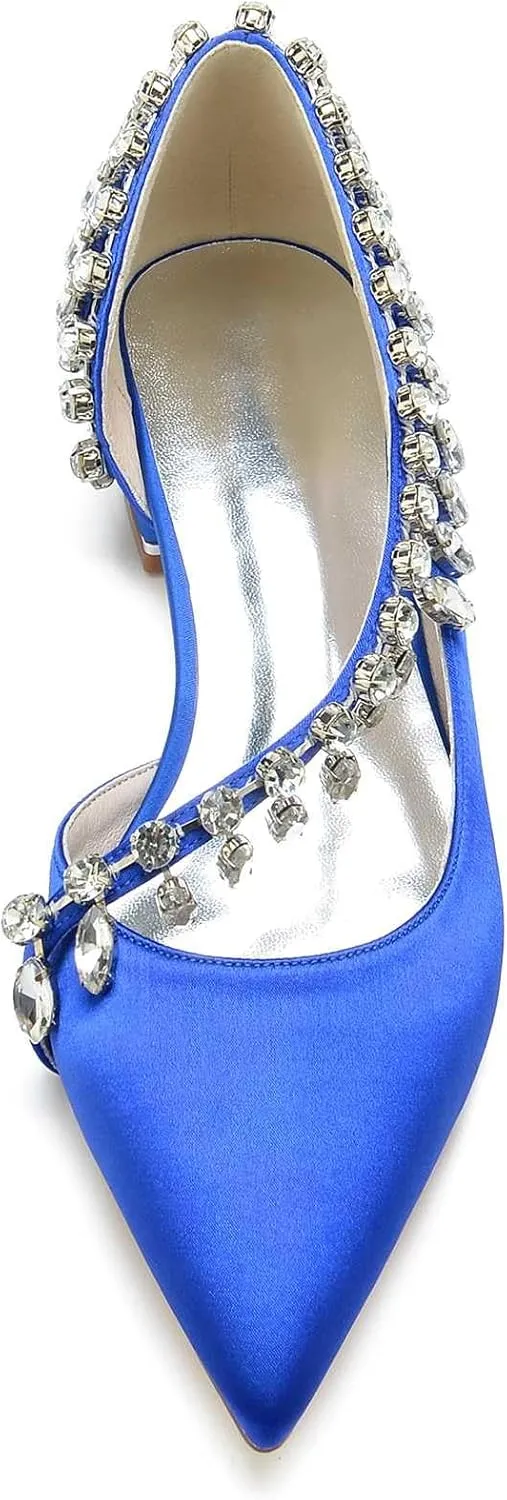 Flat Wedding Shoes for Bride Pointed Toe Satin Mary Jane Rhinestone Ballet Flats Bridal Prom Bridesmaid Slip on Pumps