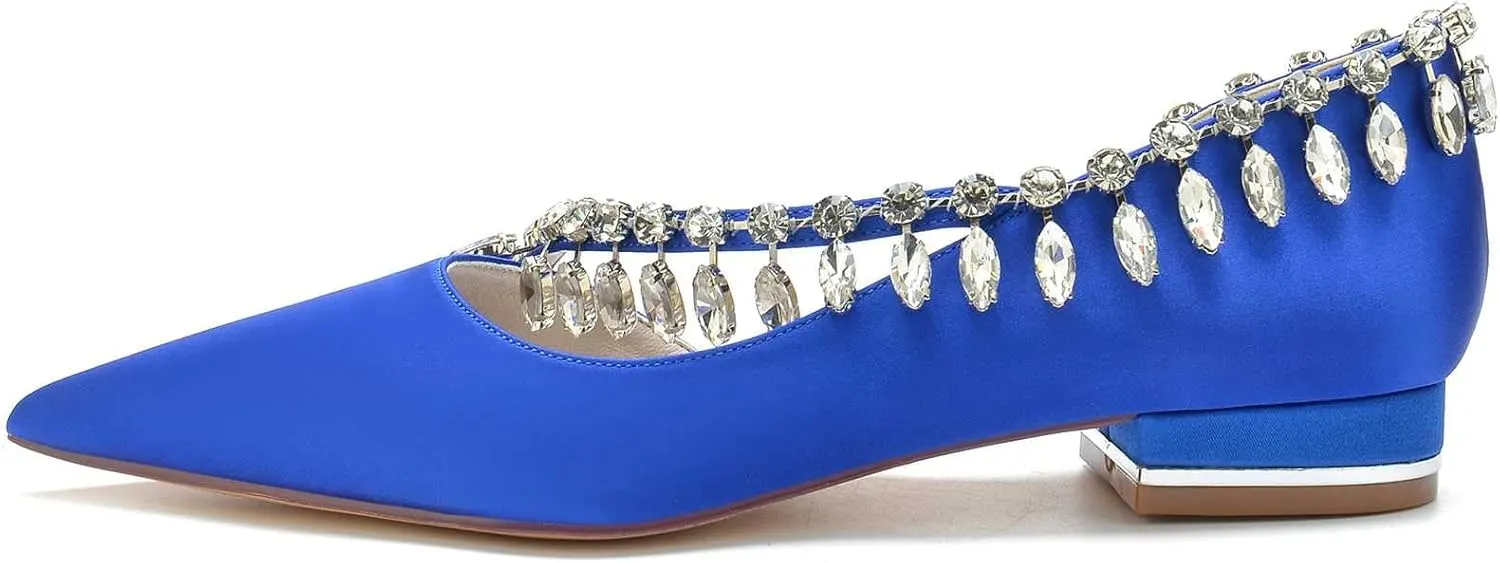 Flat Wedding Shoes for Bride Pointed Toe Satin Mary Jane Rhinestone Ballet Flats Bridal Prom Bridesmaid Slip on Pumps