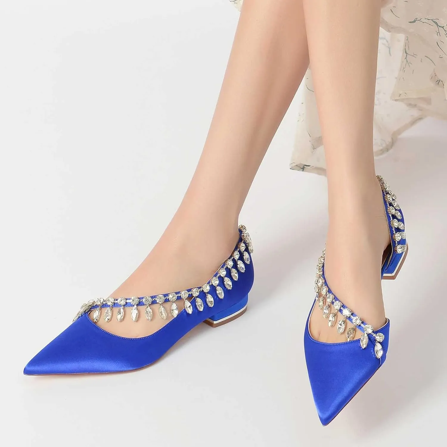 Flat Wedding Shoes for Bride Pointed Toe Satin Mary Jane Rhinestone Ballet Flats Bridal Prom Bridesmaid Slip on Pumps