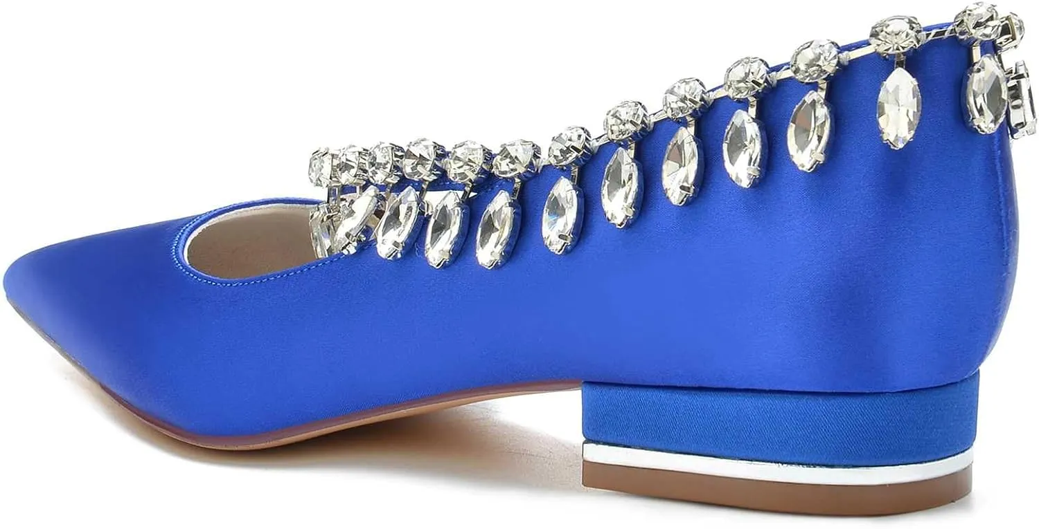 Flat Wedding Shoes for Bride Pointed Toe Satin Mary Jane Rhinestone Ballet Flats Bridal Prom Bridesmaid Slip on Pumps