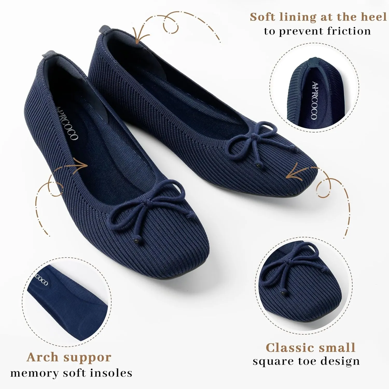 Flats for Women Bowknot Ballet Knit Foldable Flat Square Toe Comfort Light Shoes Office Low Top Flats