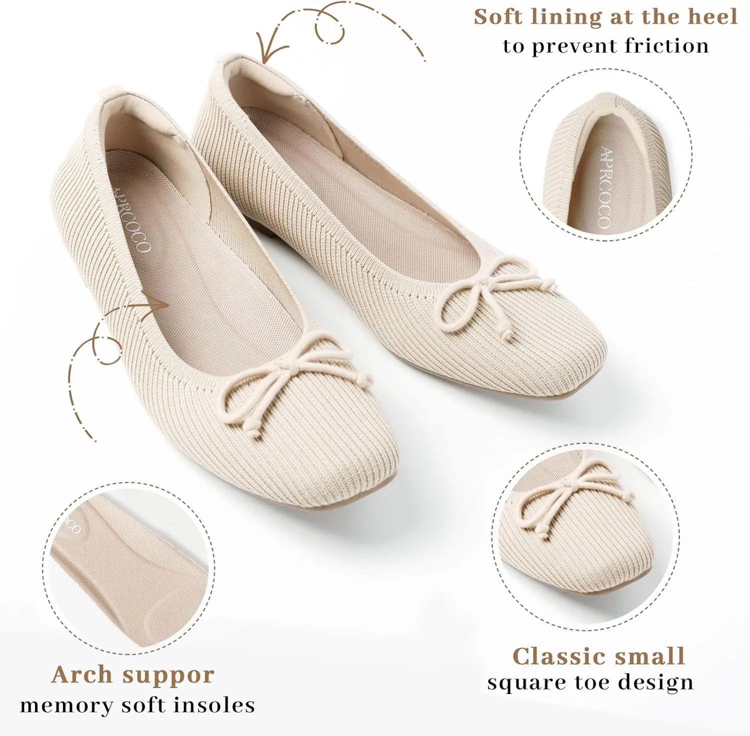 Flats for Women Bowknot Ballet Knit Foldable Flat Square Toe Comfort Light Shoes Office Low Top Flats