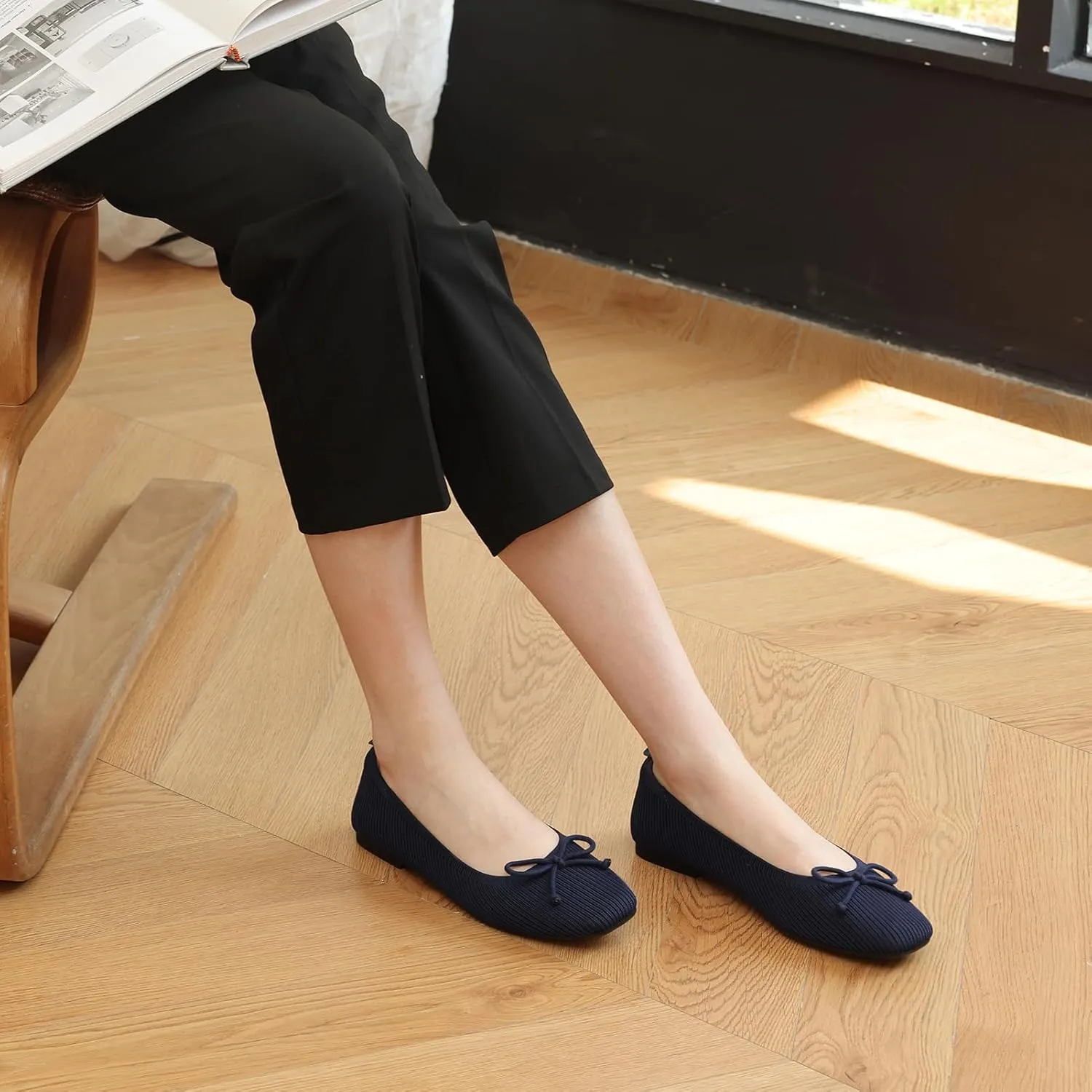 Flats for Women Bowknot Ballet Knit Foldable Flat Square Toe Comfort Light Shoes Office Low Top Flats