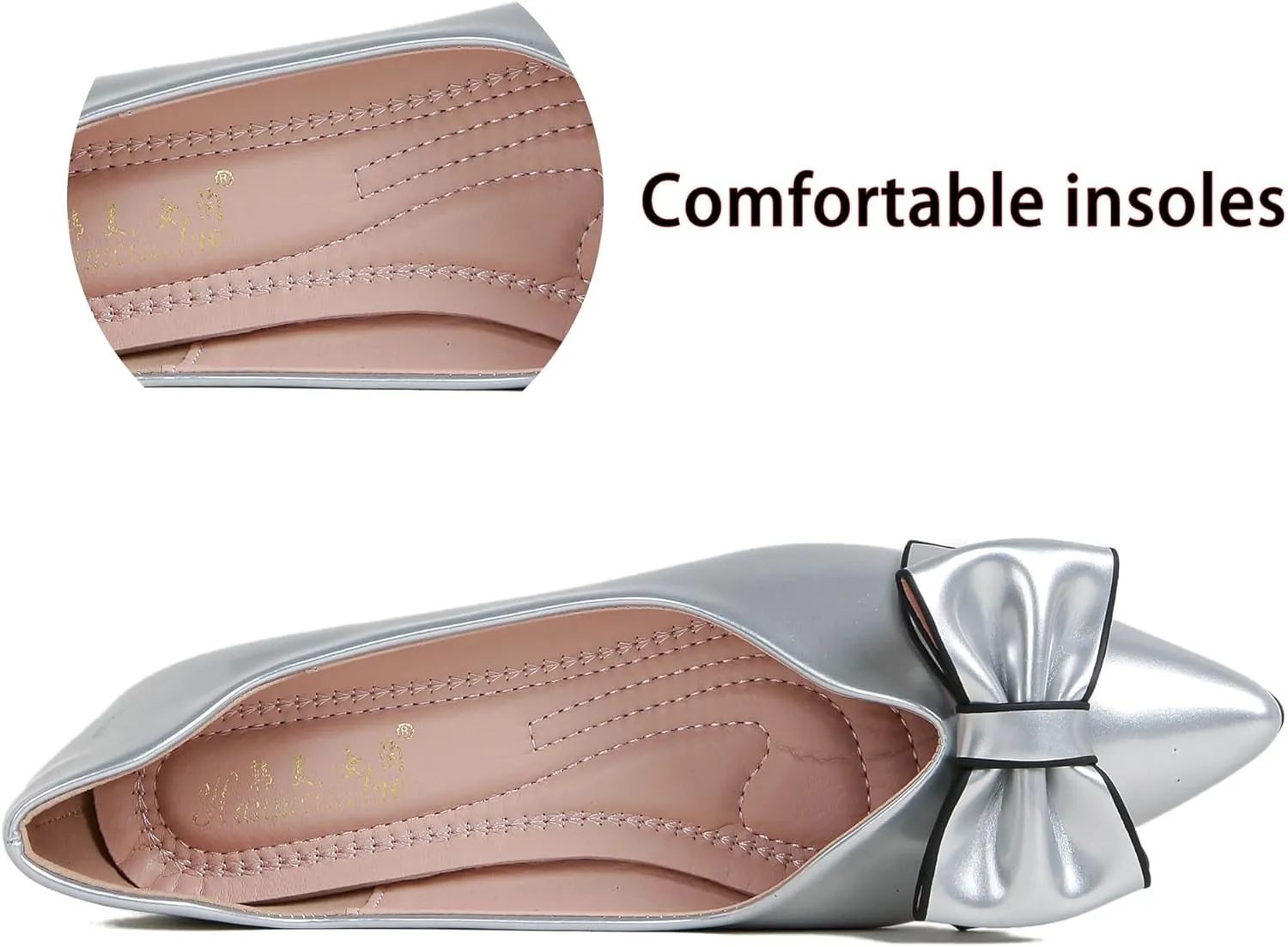 Flats Shoes Women Leather Comfortable Pointed Toe Dress Shoes Bow Memory Foam Insole Slip on Work Flats for Women