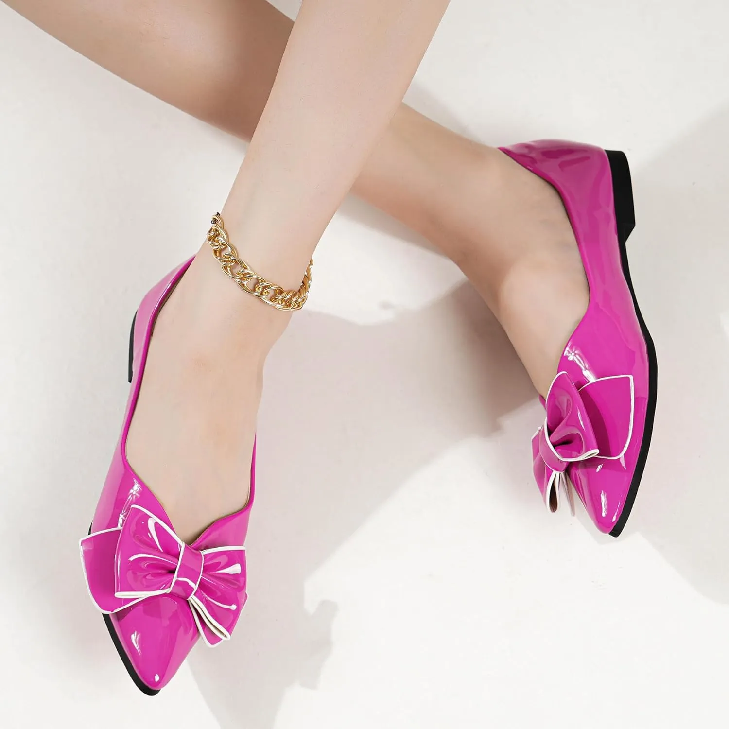 Flats Shoes Women Leather Comfortable Pointed Toe Dress Shoes Bow Memory Foam Insole Slip on Work Flats for Women