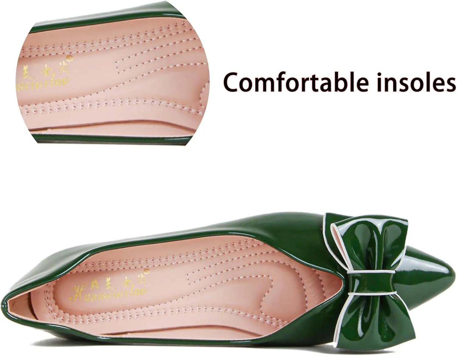 Flats Shoes Women Leather Comfortable Pointed Toe Dress Shoes Bow Memory Foam Insole Slip on Work Flats for Women