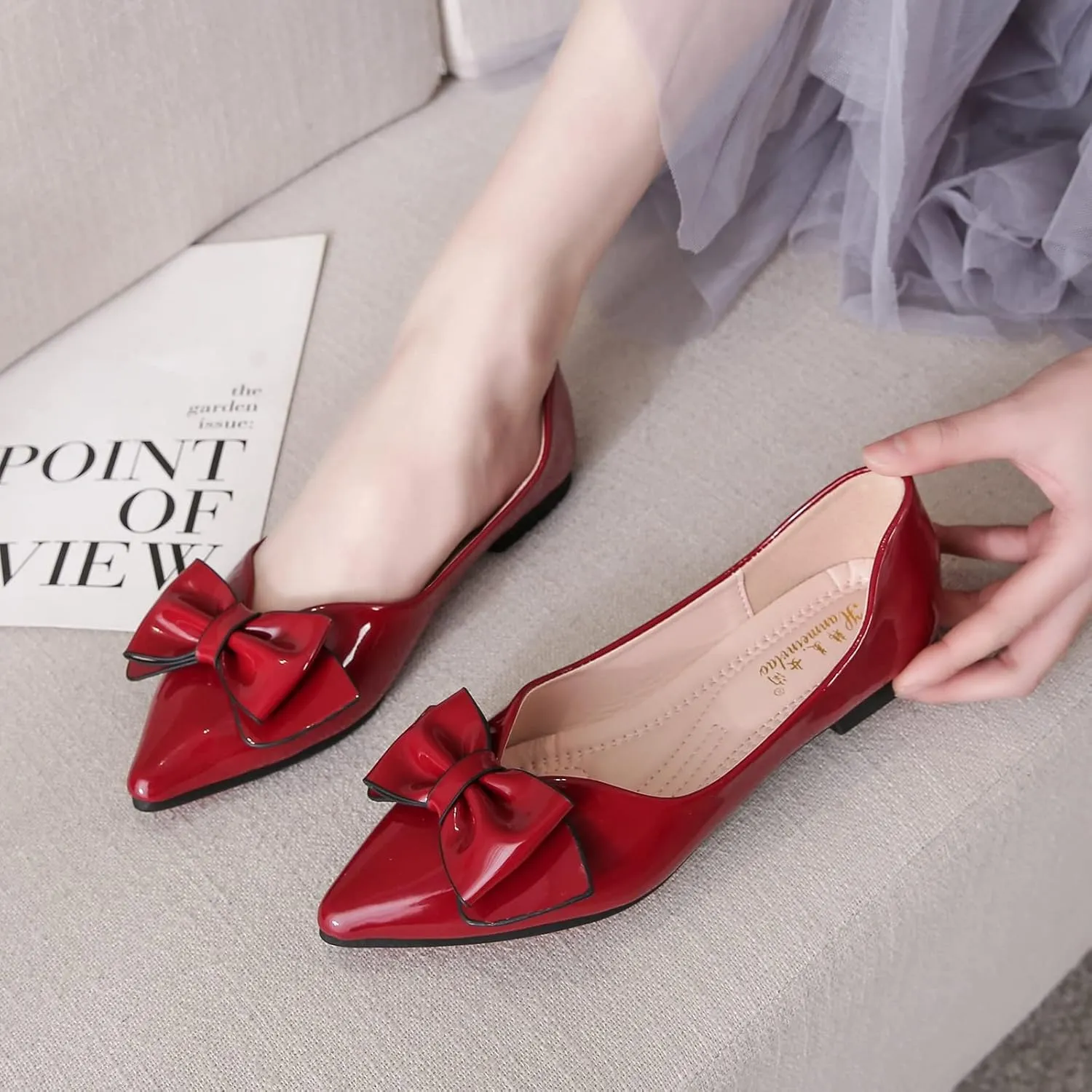 Flats Shoes Women Leather Comfortable Pointed Toe Dress Shoes Bow Memory Foam Insole Slip on Work Flats for Women
