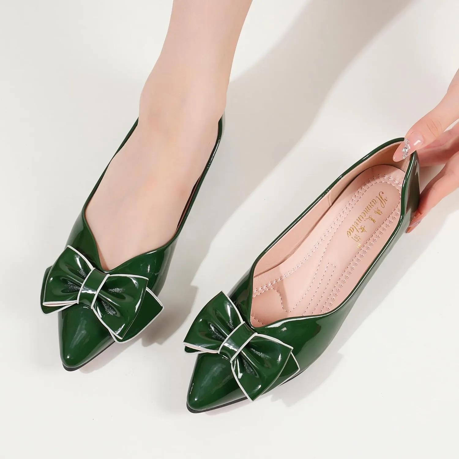 Flats Shoes Women Leather Comfortable Pointed Toe Dress Shoes Bow Memory Foam Insole Slip on Work Flats for Women